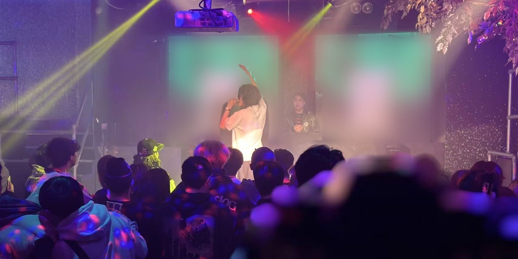 A live show: an artist performs on stage with the crowd gathered in front